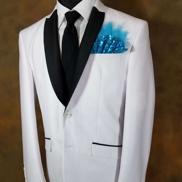 NEW Turquoise Blue Sequin Ruffle & Feather Pocket Square Insert - Picture 2 of 7